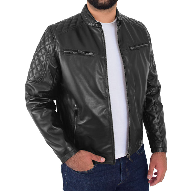 Mens Soft Leather Biker Jacket High Quality Quilted Design Tucker Black Open 2