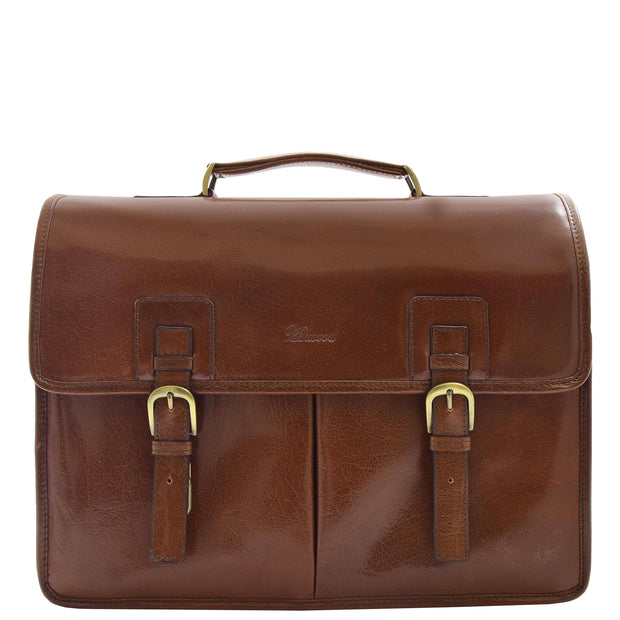 Mens Italian Chestnut Leather Briefcase Expandable Office Bag Laptop Case - Thomas6