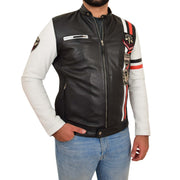 Mens Biker Leather Jacket Black White Sleeves Badges Stripes Sports Style Gears Front Side