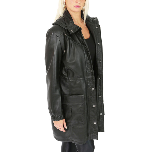 Ladies Duffle Leather Coat 3/4 Long Detachable Hood Classic Parka Jacket Liza Black Open 2