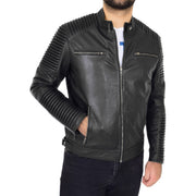 Mens Soft Black Leather Biker Quilted Stitching's Jacket Toby