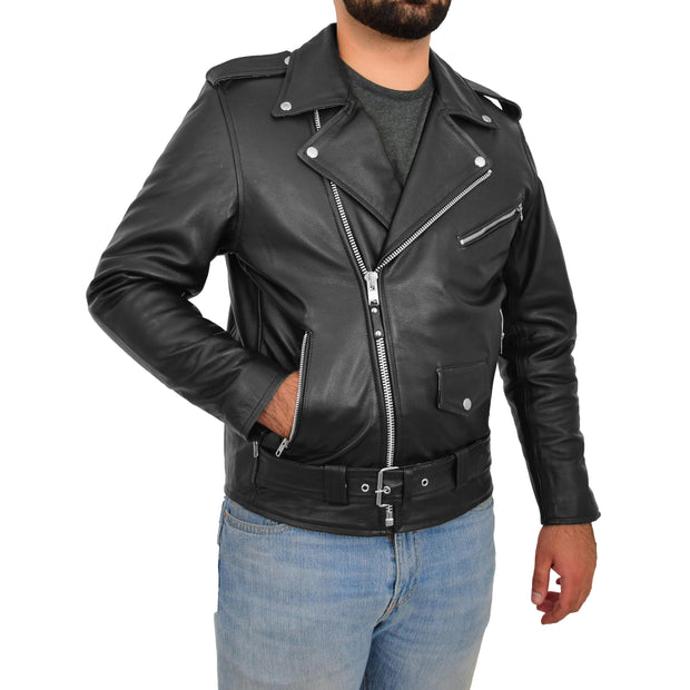 Genuine Cowhide Biker Leather Jacket For Men Casual Brando Coat Rock Black Side