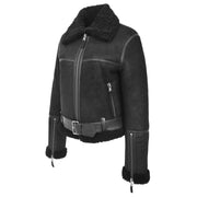 Womens Luxurious Genuine Sheepskin Flying Jacket Real Black Shearling Harriet Front 1