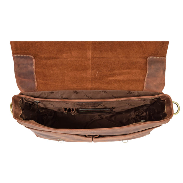 Mens REAL Leather Briefcase Vintage Look Satchel Shoulder Bag A167 Tan Open