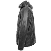 Mens Soft Leather Parka With Hood 3/4 Long Coat DAVE Black 5