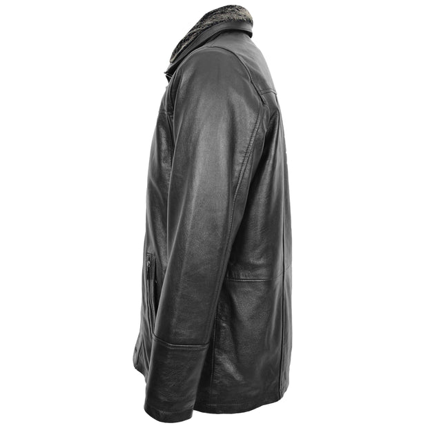 Mens 3/4 Long Leather Box Jacket Soft Parka Car Coat HARVEY Black 6