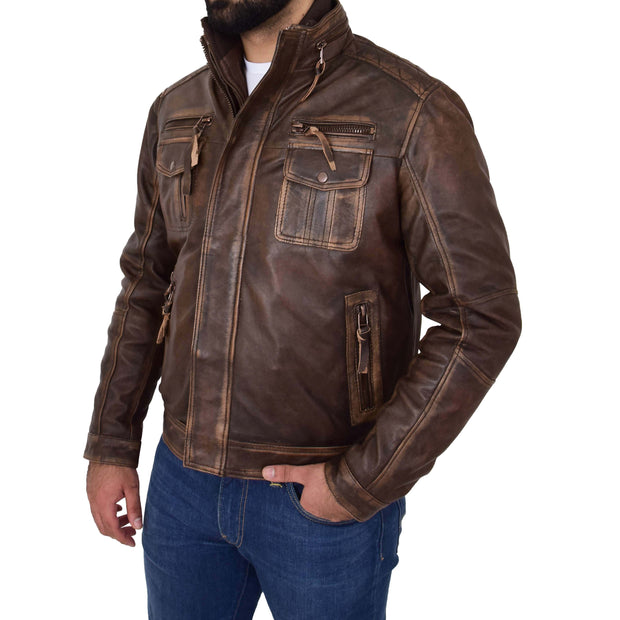 Rust Rub Off Biker Leather Jacket For Men Vintage Rugged Style Coat Mario Front 1