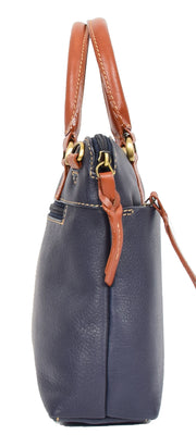 Womens Leather Tote Handbag Navy Tan Trim Small Grab Handles Zip Top Bag Dixie