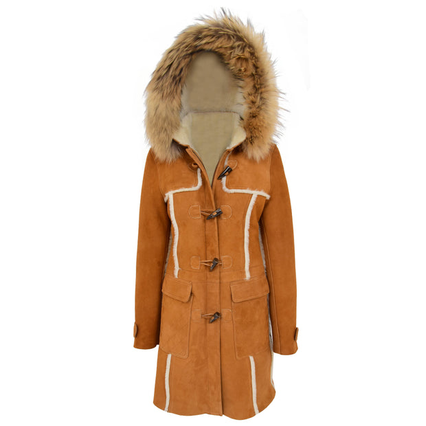 Womens Genuine Sheepskin Duffle Coat Hooded Shearling Jacket Evie Tan Open Hood