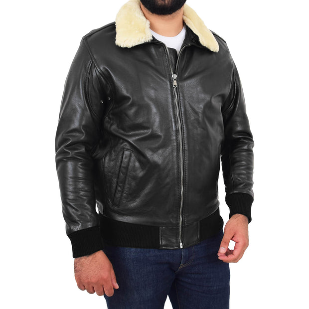 Mens Genuine Cowhide Pilot Leather Jacket Sheepskin Collar Bomber Dylan Black Front 1