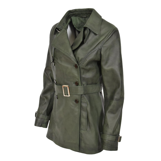 Womens Soft Leather Trench Coat Olivia Green Front 4