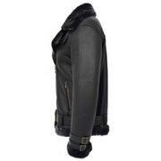 Womens Real Sheepskin Jacket Black X-Zip Aviator Belted Shearling Coat Willow Side