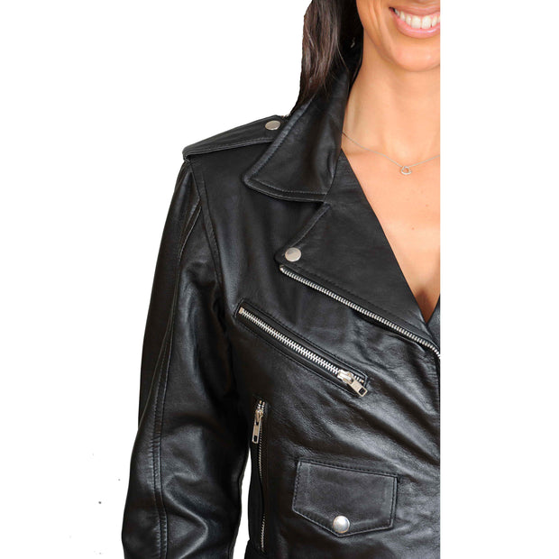 Ladies Belted Gorgeous Fitted Biker Real Leather Jacket Megan Black Feature 1