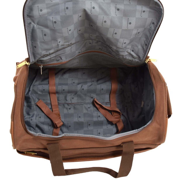 Wheeled Holdall 30" Large Camel Faux Leather Travel Duffle Bag Swoose Open