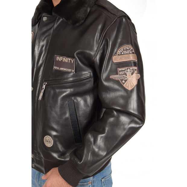 Mens Pilot Leather Jacket Air Force Badges Bomber Coat Luca Brown Feature 2