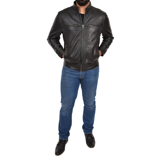 Mens Genuine Leather Biker Jacket Fitted Zip Up Coat Felix Black Full
