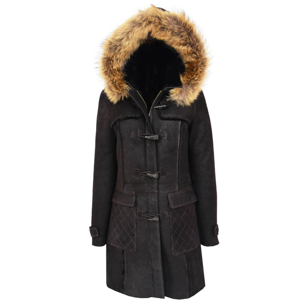 Womens Genuine Sheepskin Duffle Coat Hooded Shearling Jacket Evie Brown Open Hood
