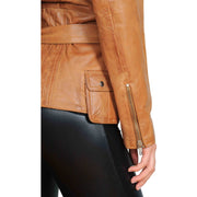 Womens Fitted Mid Length Biker Leather Jacket Hannah Tan Feature 2