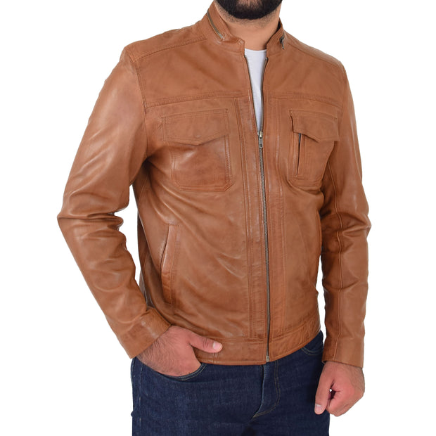 Mens Biker Leather Jacket Cognac Soft Nappa Fitted Standing Collar Tats Front 1