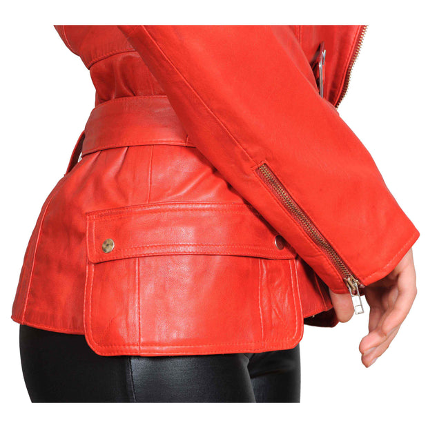 Womens Fitted Mid Length Biker Leather Jacket Hannah Red Feature 2