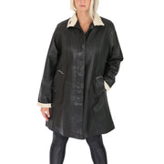 Ladies Parka Leather Coat Black Beige Trim Hooded with Scarf Dress Jacket Pat Without Scarf