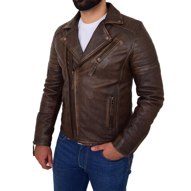 Mens Real Leather Biker Jacket Vintage Copper Rust Rub Off Slim Fit Style Max Front 1