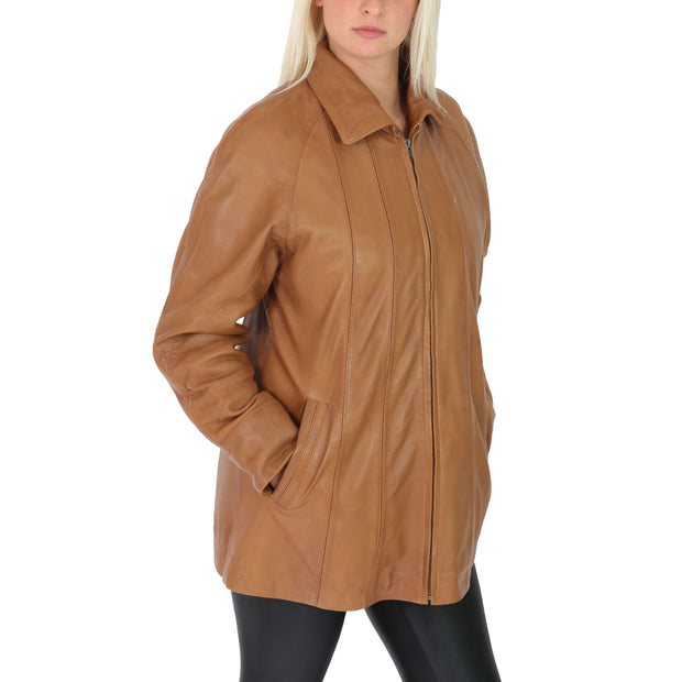 Womens Zip up Detachable Hood Parka Duffle Leather Coat Isabella Tan Without Hood