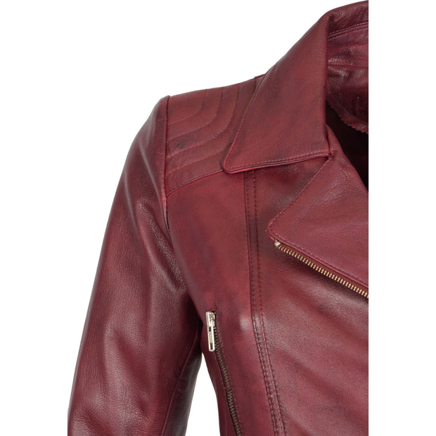 Womens Biker Leather Jacket Slim Fit Cut Hip Length Coat Coco Burgundy Feature 2