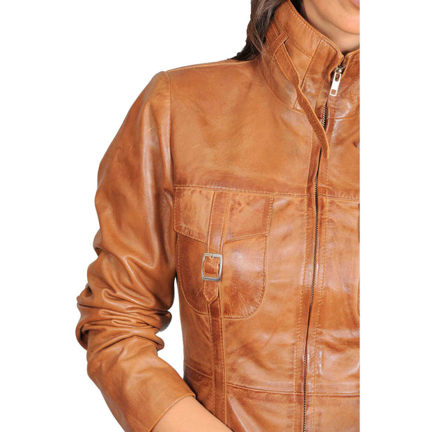 Womens 3/4 Long Zip Fasten Leather Jacket Carol Tan Feature 1