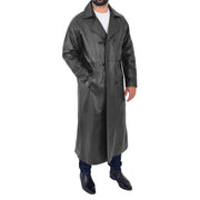 Mens Full Length Leather Coat Black Long Trench Overcoat Terry Front Open 3