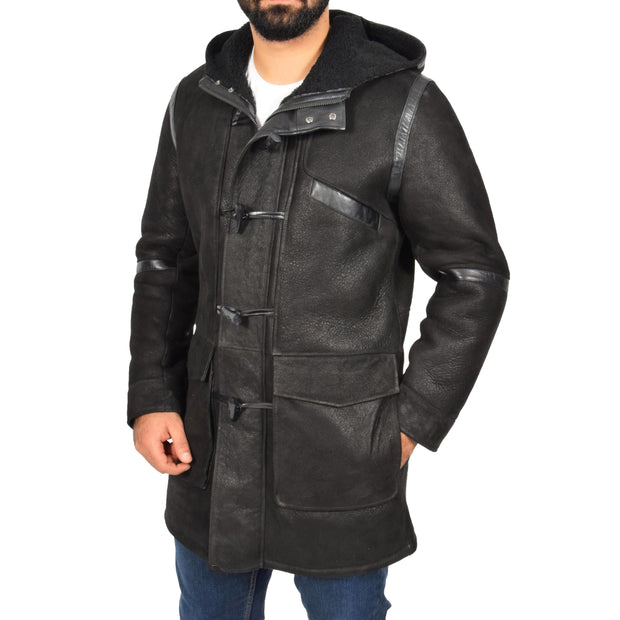 Mens Genuine Sheepskin Duffle Coat 3/4 Long Hooded Jacket Ace Black Front 1