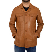 Mens Soft Cognac Leather Reefer Blazer Jacket Parker Front 2