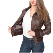 Womens Slim Fit Bomber Leather Jacket Cameron Brown Lining