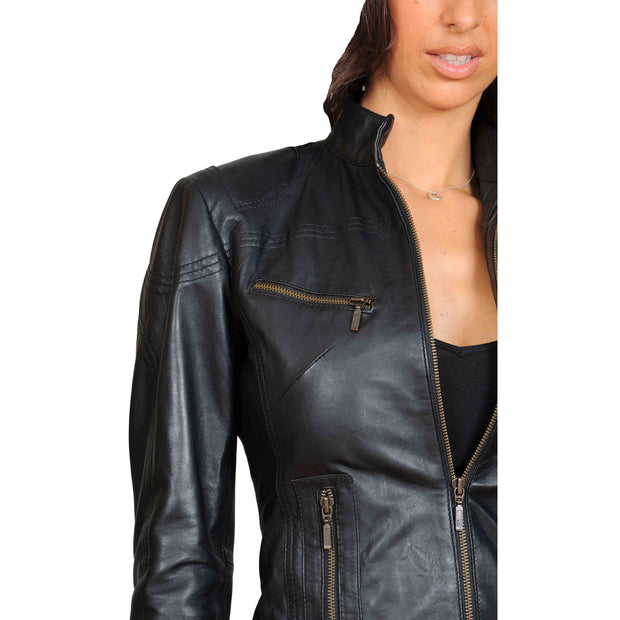 Womens Fitted Leather Biker Jacket Casual Zip Up Coat Jenny Black Feature 1
