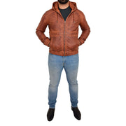 Mens Real Tan Leather Bomber Hoodie Jacket Sports Fitted Two Tone Coat Kent Full