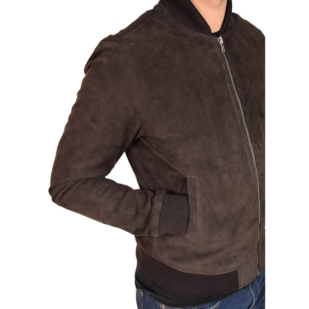 Mens Soft Goat Suede Bomber Varsity Baseball Jacket Blur Brown Feature