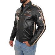 Mens BLACK Leather Biker Jacket Slim Fit Motor Sports Badges Coat Wayne Front Side
