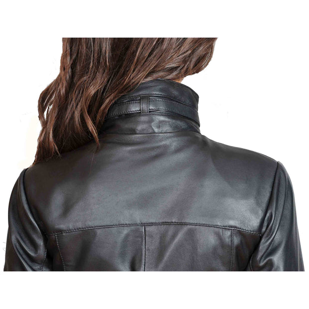 Womens 3/4 Long Zip Fasten Leather Jacket Carol Black back feature