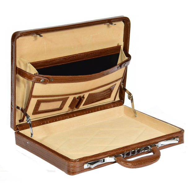 Slimline Brown Leather Attache Croc Print Briefcase Dual Lock Office Bag Mark Open