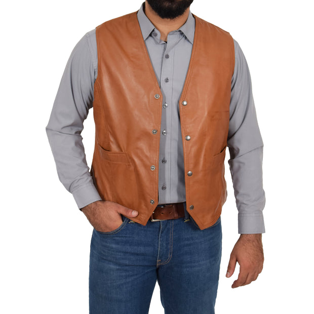 Mens Soft Leather Waistcoat Classic Gilet Bruno Tan open button 1