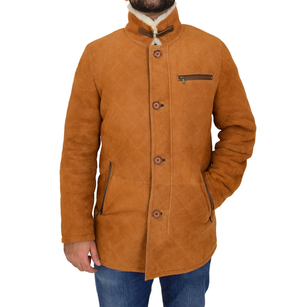 Mens Genuine Sheepskin Jacket Shearling 3/4 Long Coat Hank Cognac Neck Cover