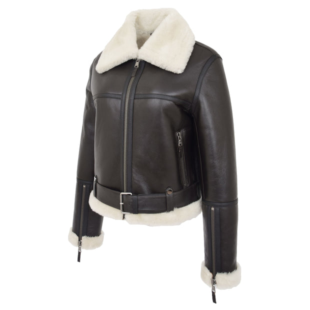 Womens Luxurious Brown Genuine Sheepskin Flying Jacket White Shearling Harriet front 2