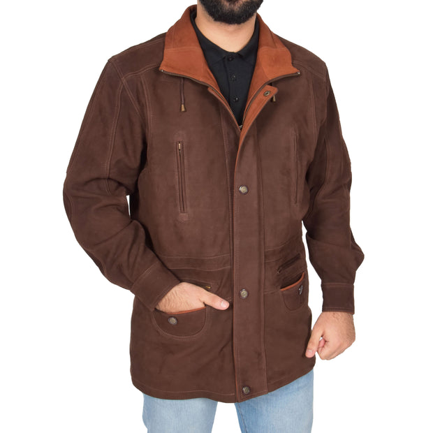 Gents Nubuck Leather Parka Coat Henry Brown main view