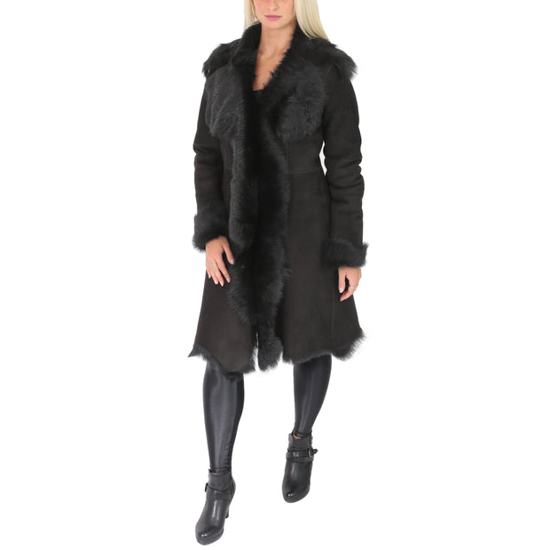 Womens Luxurious Toscana Long Coat Real Sheepskin Pamela Black Full