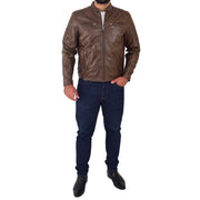 Mens Soft Leather Biker Jacket High Quality Quilted Design Tucker Timber Brown Full
