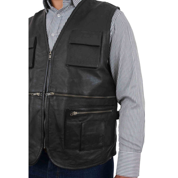Mens Real Black Soft Leather Fisherman Waistcoat Multi Pockets Gilet Curt Feature