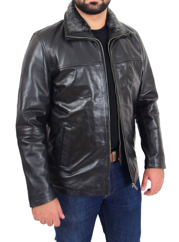 Mens Soft Black Nappa Leather Jacket Zip Box Detachable Front Collar Regular Fit Derek 6