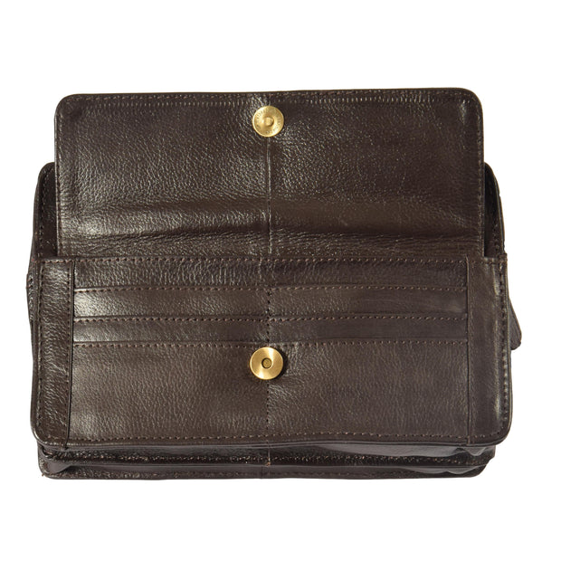 Real Leather Wrist Bag Clutch Travel Organiser Brown A210 Flap Open