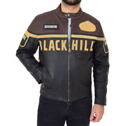 Mens Waxed Cowhide Biker Leather Jacket Badges Stripes Logos Tank Black Brown