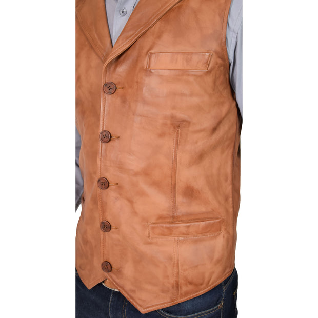 Mens Genuine Soft Leather Waistcoat Western Vest Yelek Rhys Tan Feature